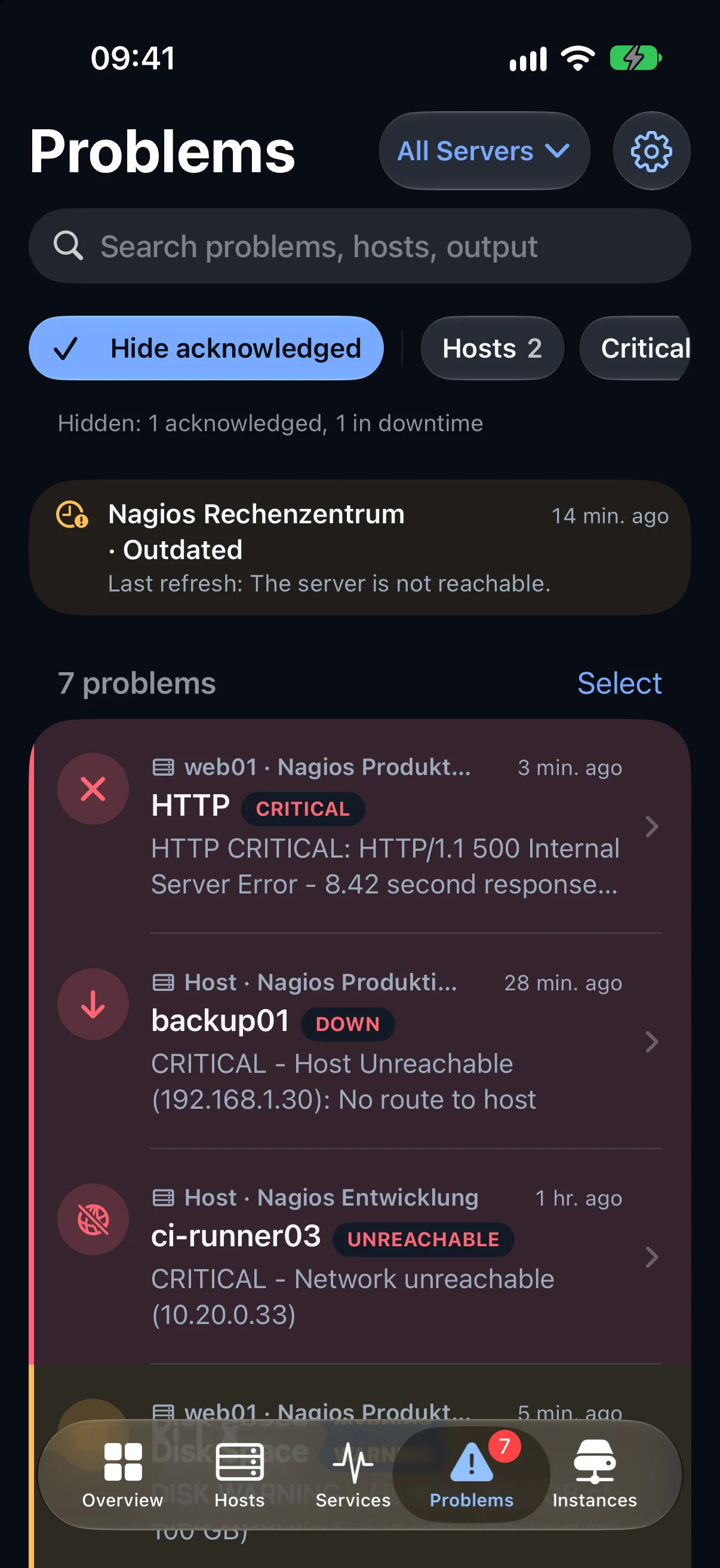 NagWatch in dark mode: open problems sorted by urgency